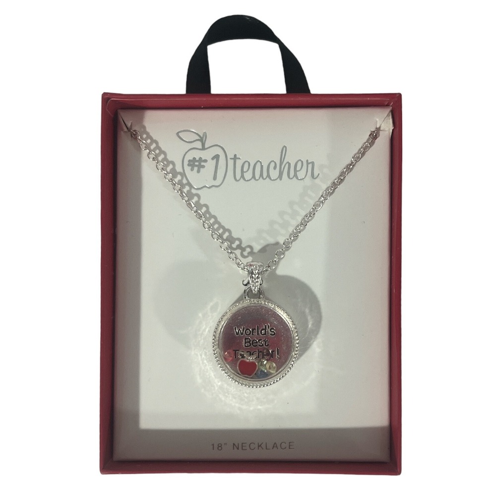 #1 World's Best Teacher Silver Tone  Floating Pendant 18" Necklace